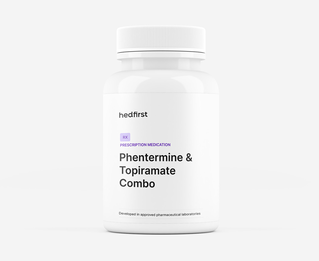 A white bottle labeled Phentermine & Topiramate Combo for metabolic improvement and appetite control.