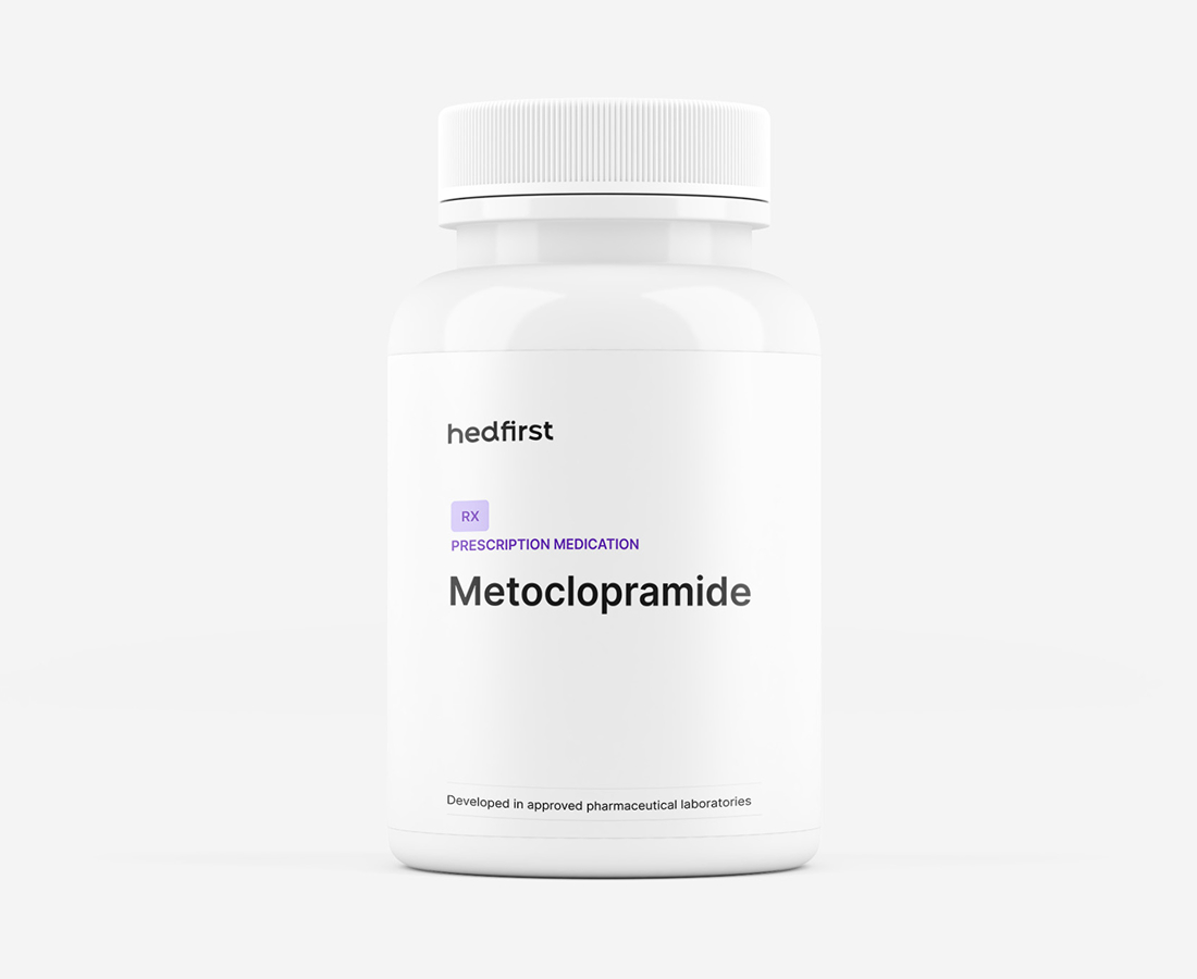 White bottle with Metoclopramide label, prescription medicine for nausea relief.