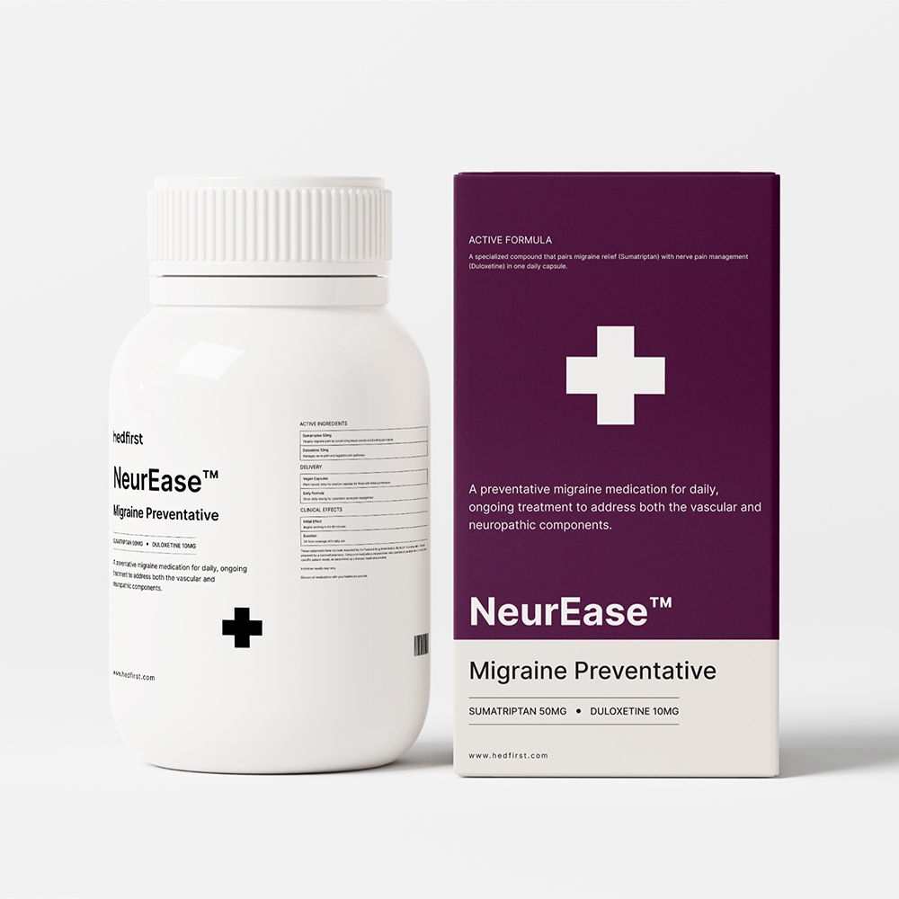 NeurEase™ migraine preventative — white bottle and deep plum-colored box with white medical cross.