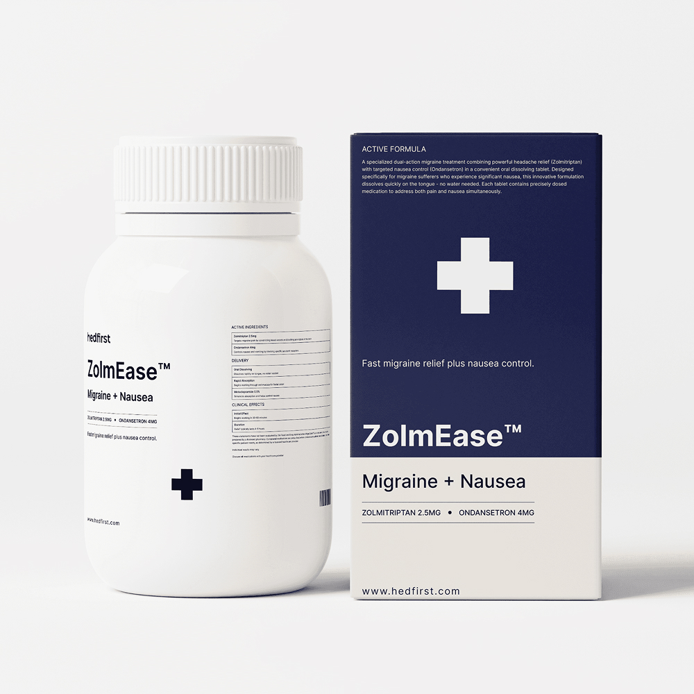 ZolmEase™ migraine and nausea relief — white pill bottle and navy-blue box with medical cross icon.