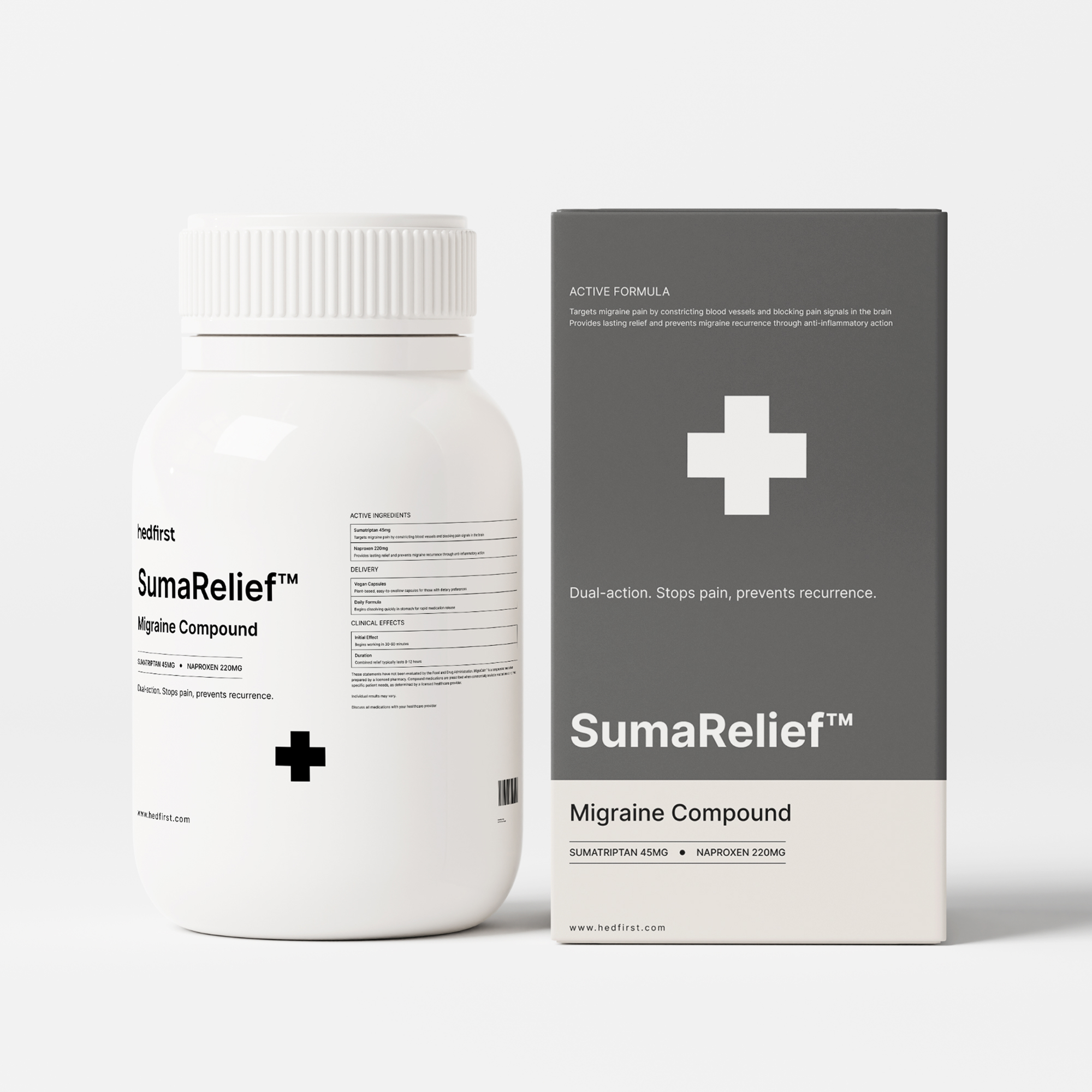 SumaRelief™ migraine and anti-inflammatory compound — white bottle and dark gray box with cross symbol.