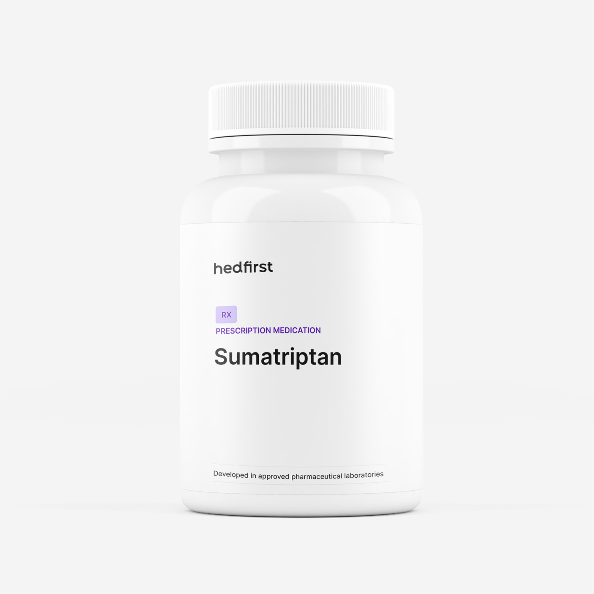 Sumatriptan migraine medication — minimalist white prescription bottle with Hedfirst label.