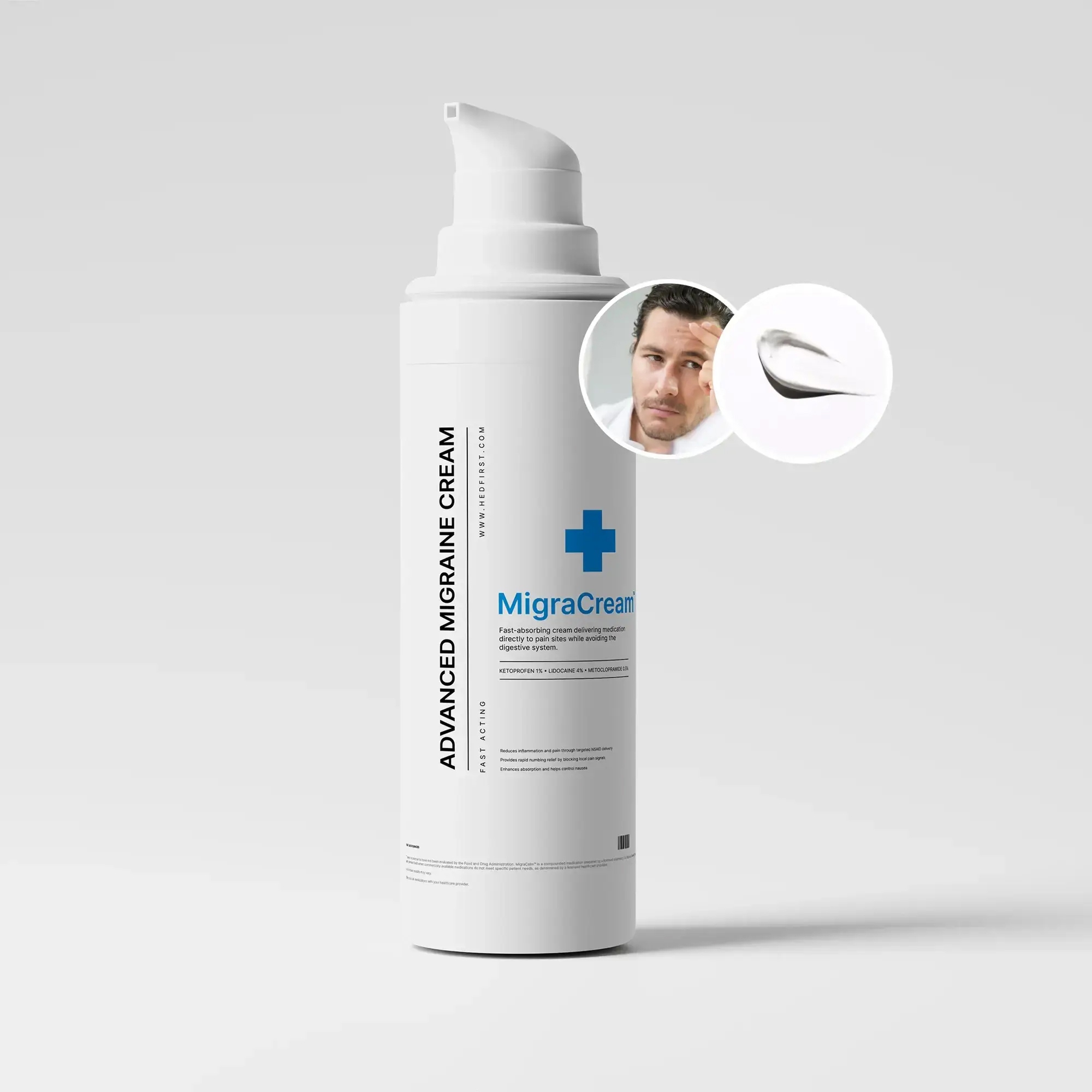 MigraCream™ topical migraine relief — tall white pump bottle with inset of a man and cream texture sample.
