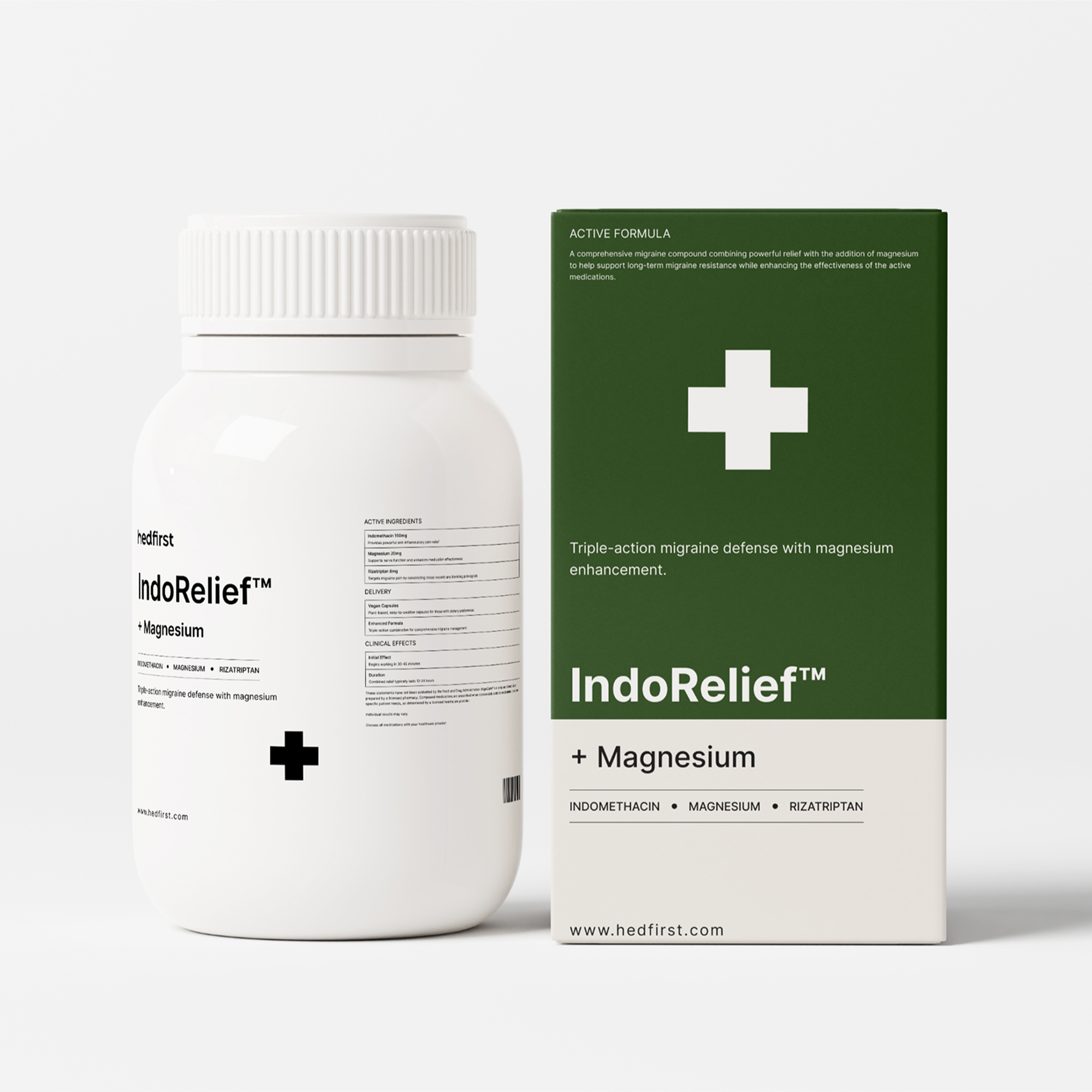 IndoRelief™ + Magnesium for neural support — white bottle and forest green box with cross graphic.