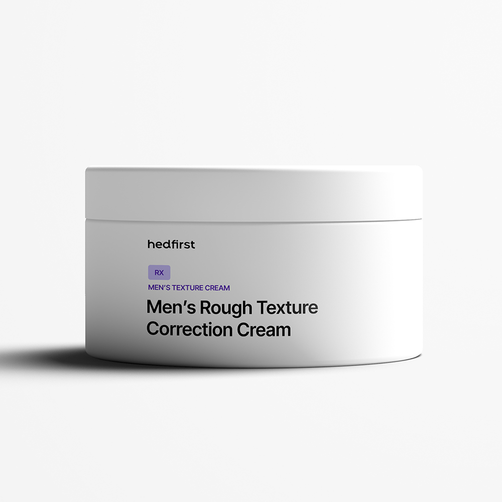 White jar labeled 'Men’s Rough Texture Correction Cream' – smoothing cream for men to improve skin texture, on white background.