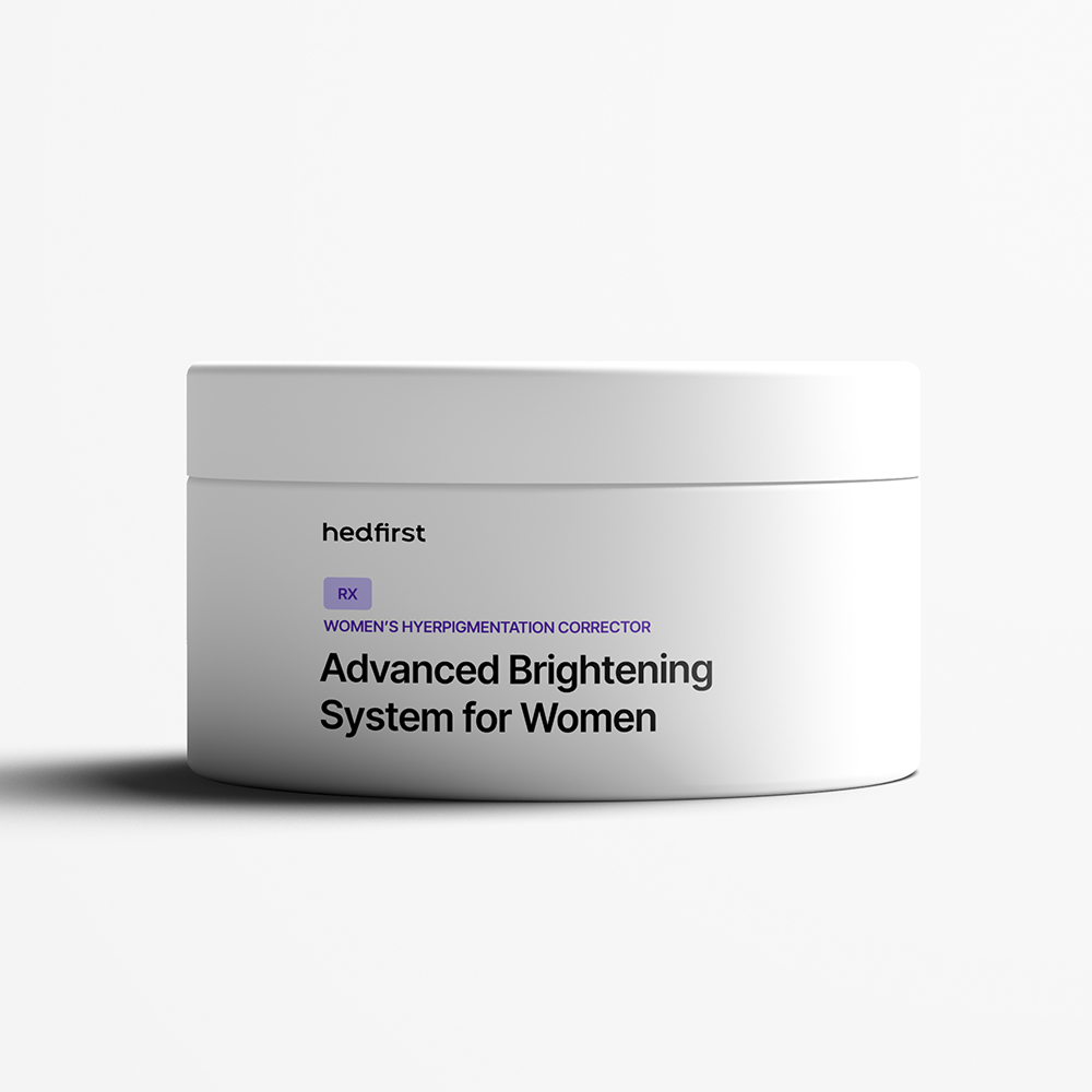 White jar labeled 'Advanced Brightening System for Women' – pigmentation-correcting cream to improve skin tone, on white background.