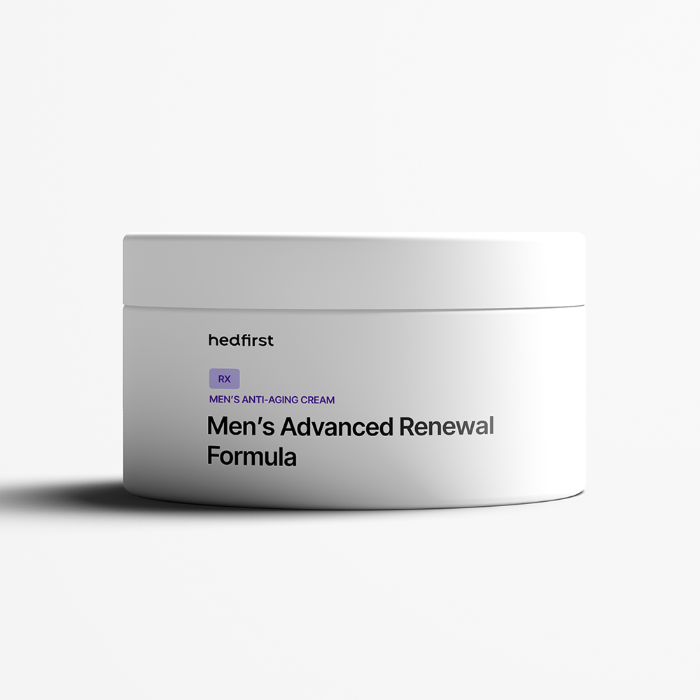 White jar labeled 'Men’s Advanced Renewal Formula' – anti-aging night cream for skin renewal, on white background.