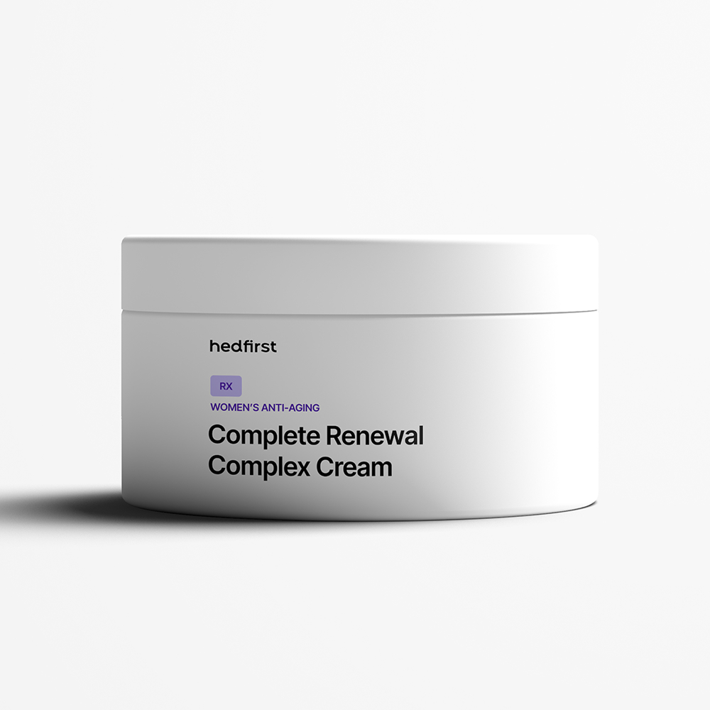 White jar labeled 'Complete Renewal Complex Cream' – anti-aging cream for women to reduce wrinkles and firm skin, on white background.