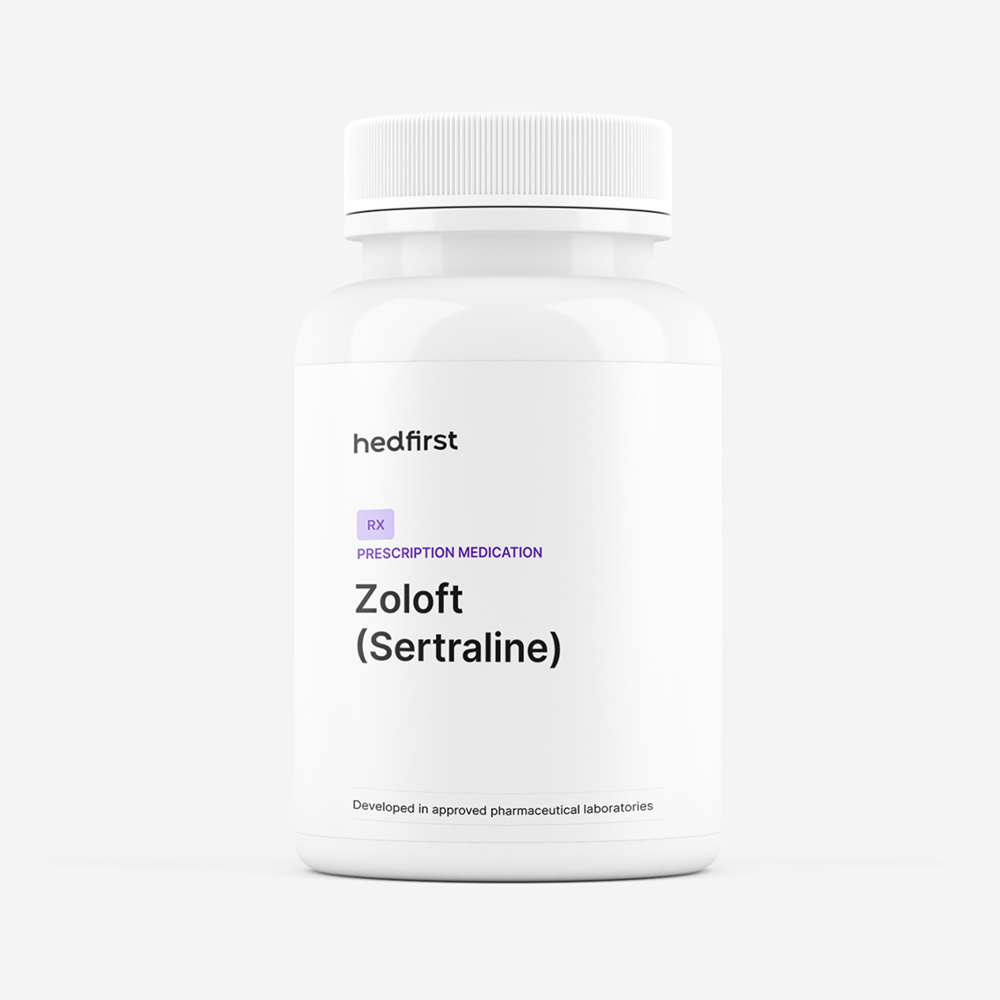 White prescription medication bottle labeled Zoloft (Sertraline) for depression and PTSD treatment on white background.