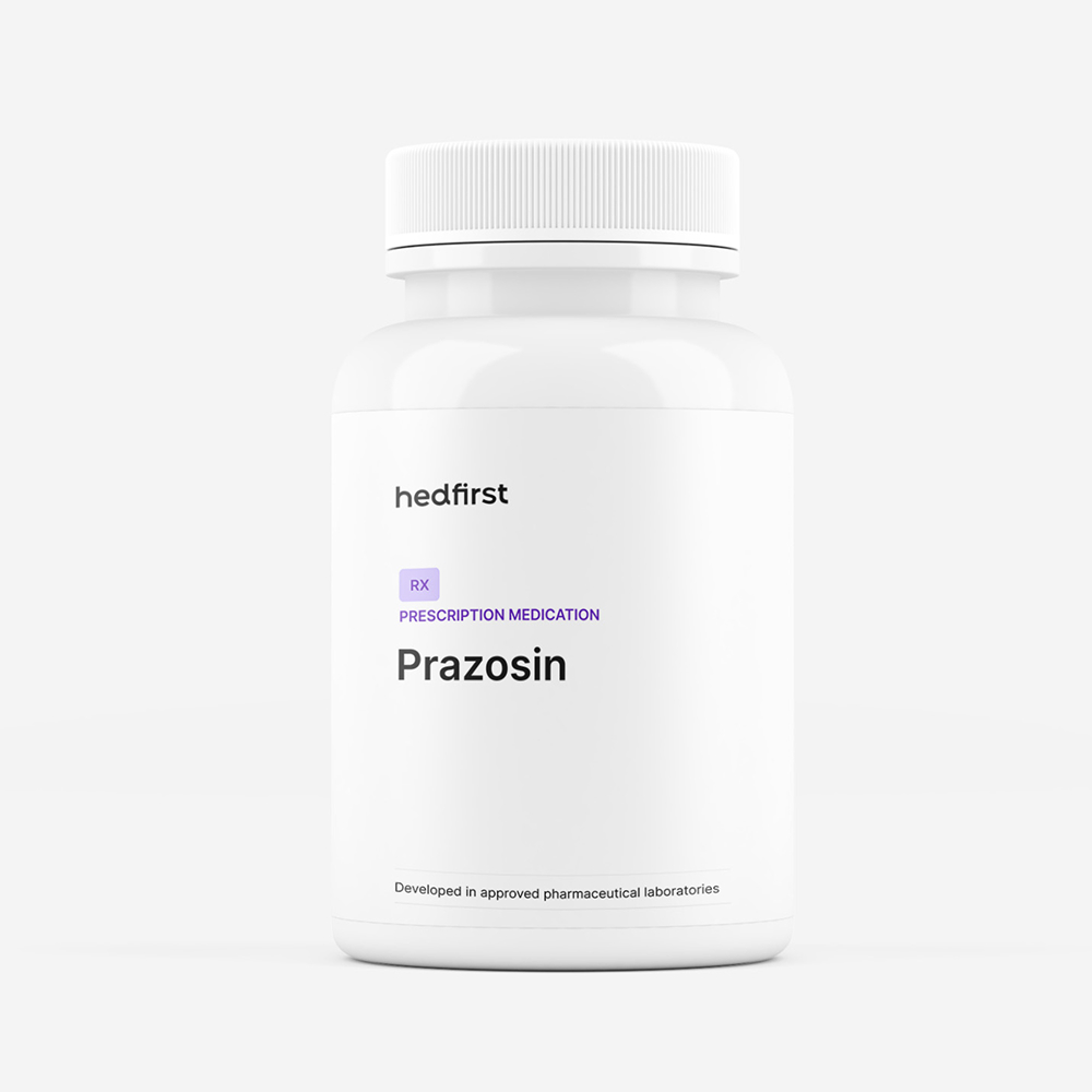 White prescription medication bottle labeled Prazosin for PTSD nightmares and vasospasm relief on white background.