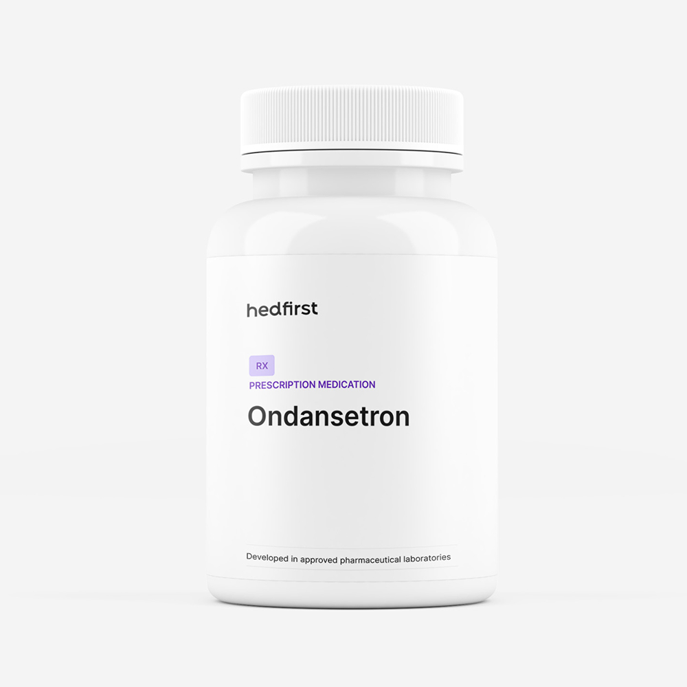 White prescription medication bottle labeled Ondansetron gold-standard antiemetic for nausea treatment on white background.