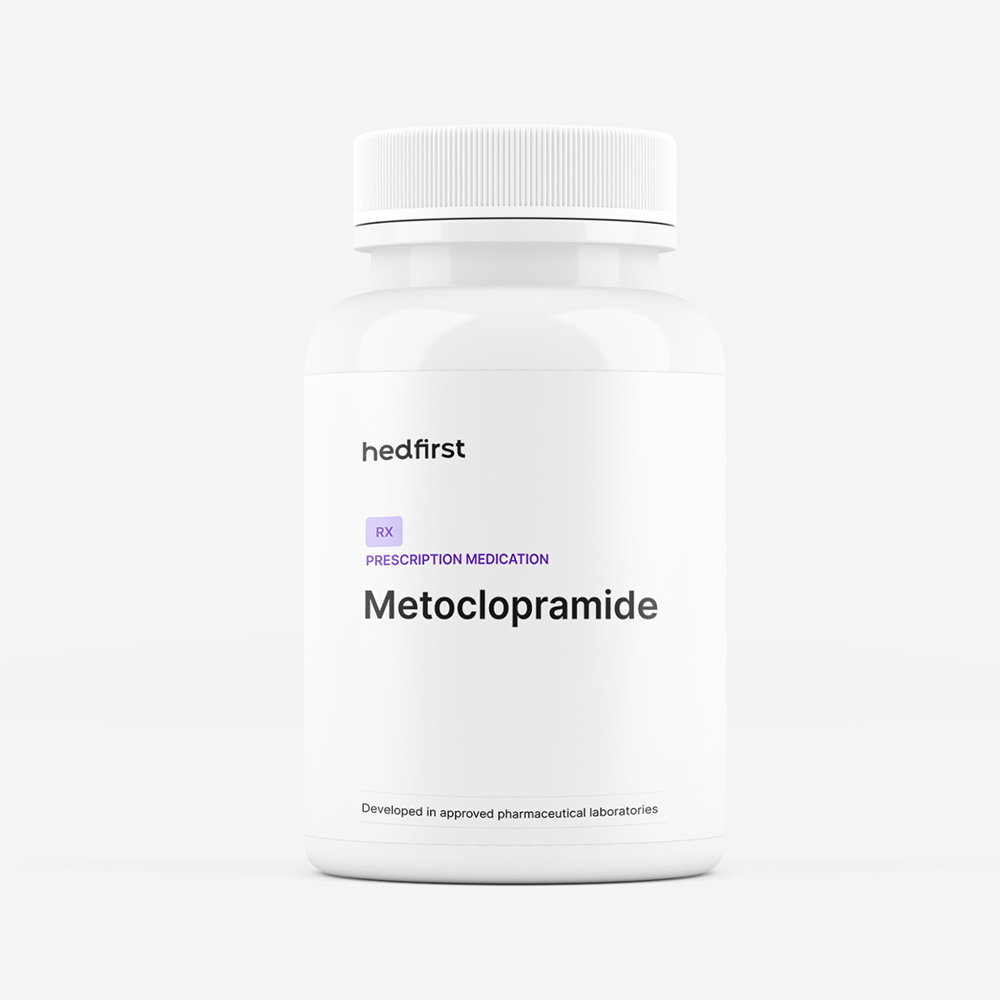 White prescription medication bottle labeled Metoclopramide for GI motility support and anti-nausea relief on white background.
