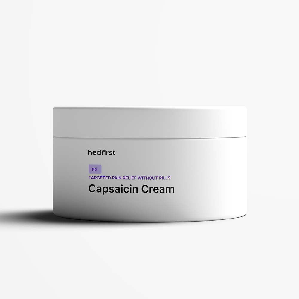 Hedfirst Capsaicin Cream jar for neuropathy pain relief and desensitization on white background.