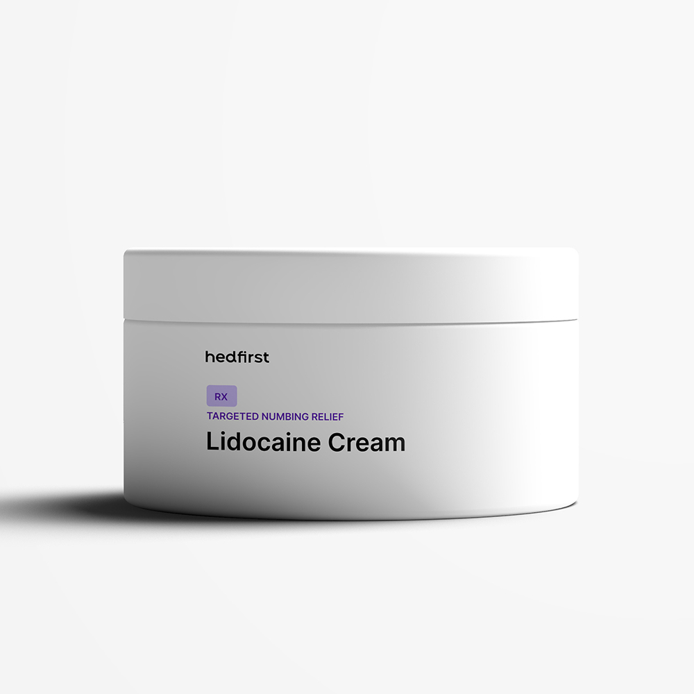 Hedfirst Lidocaine Cream jar fast-acting topical anesthetic for neuropathy pain on white background.