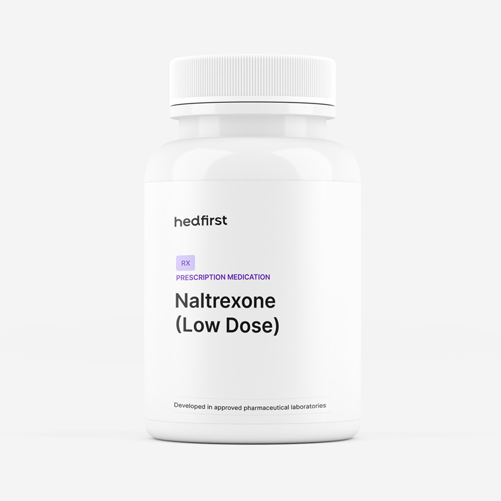 Hedfirst Naltrexone Low Dose bottle for neuropathy pain management and autoimmune modulation on white background.