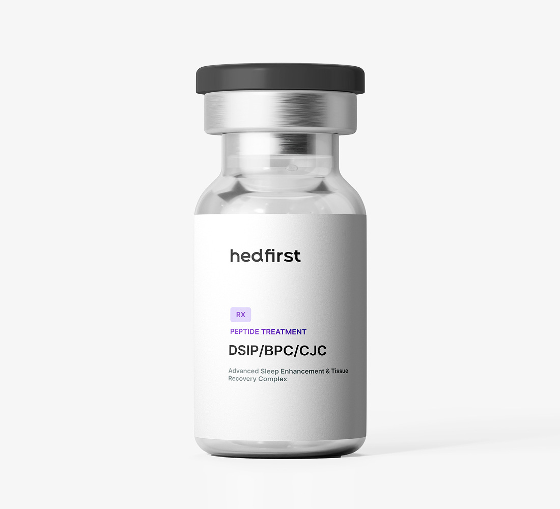 Small clear glass vial with black cap labeled Hedfirst DSIP BPC CJC peptide treatment on plain white background.