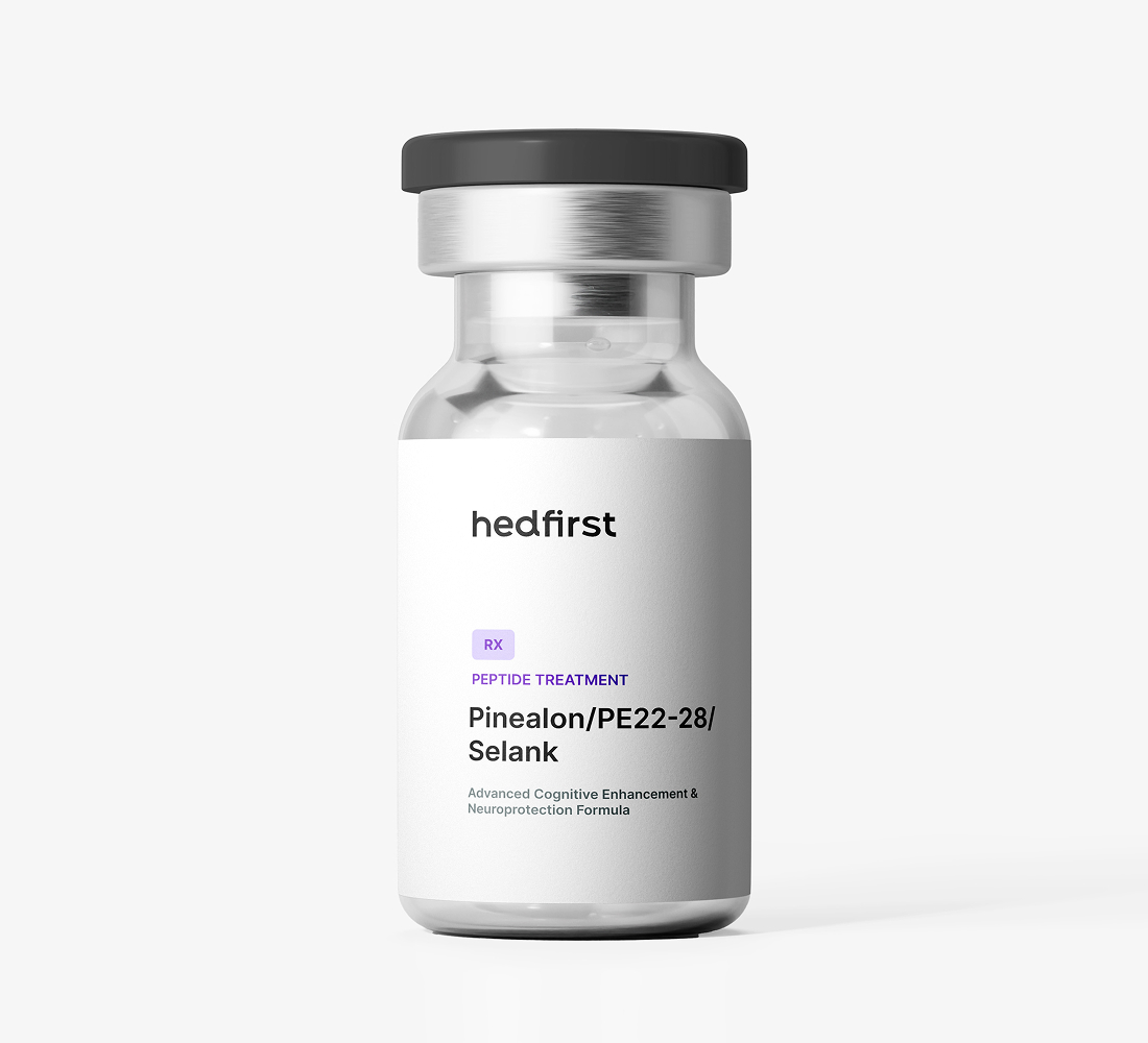 Small clear glass vial with black cap labeled Hedfirst Pinealon PE22-28 Selank peptide treatment on white background.