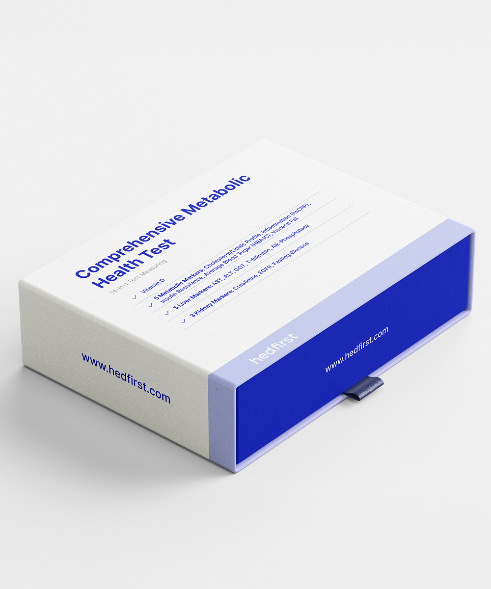 A white box with a blue side labeled Comprehensive Metabolic Health Test, lying on a white background.