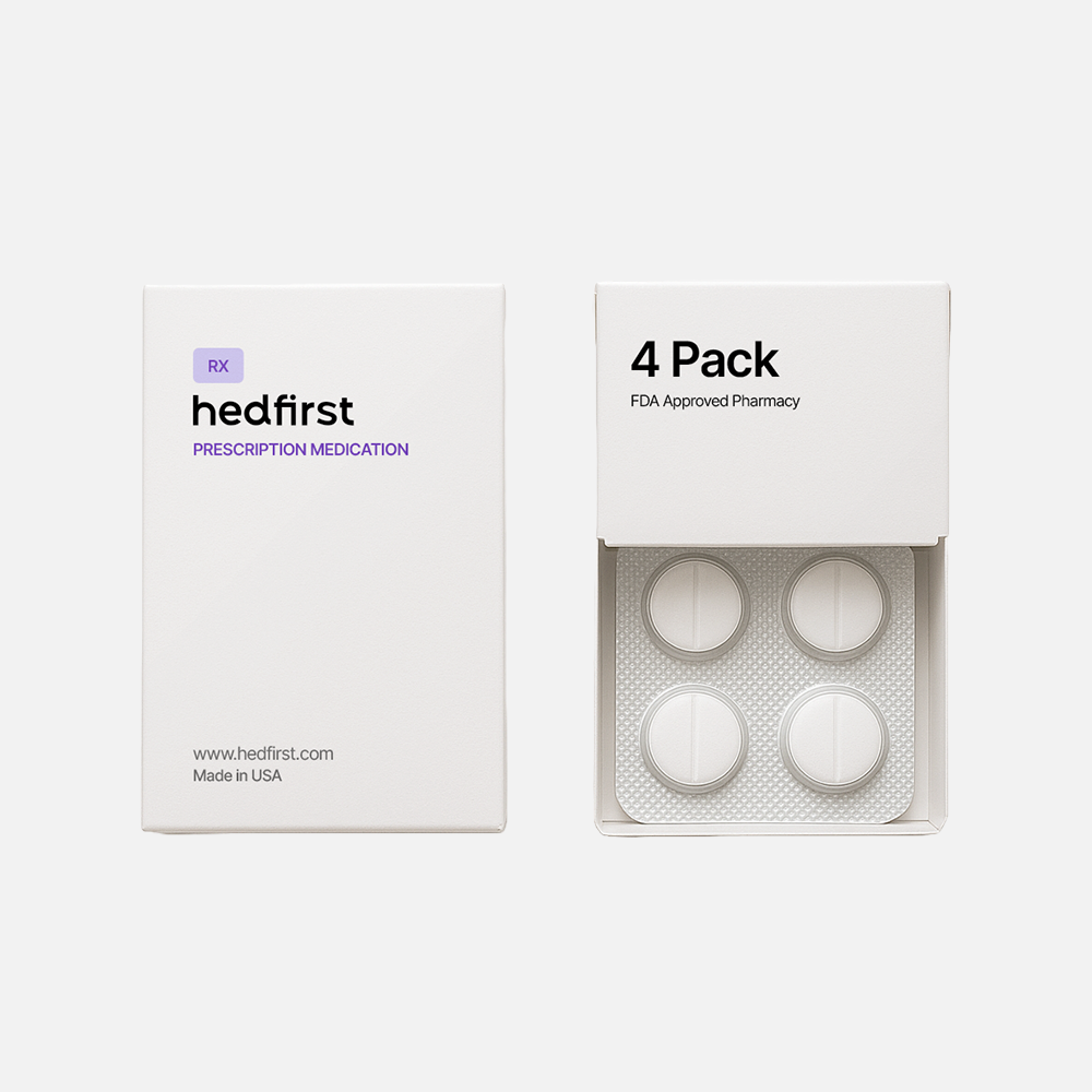 Hedfirst prescription medication 4-pack blister with minimalist white packaging.