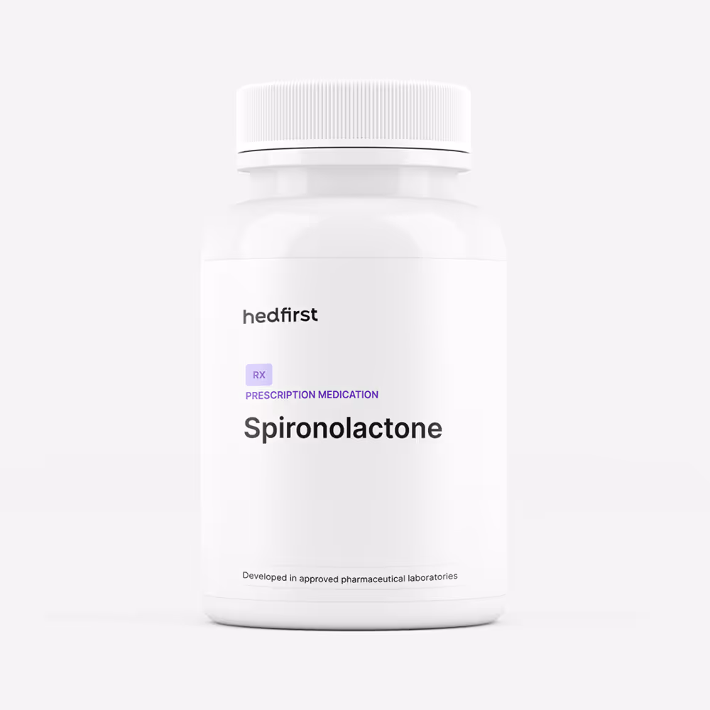White Hedfirst prescription bottle labeled Spironolactone for PCOS, acne reduction, and hormonal balance in women.