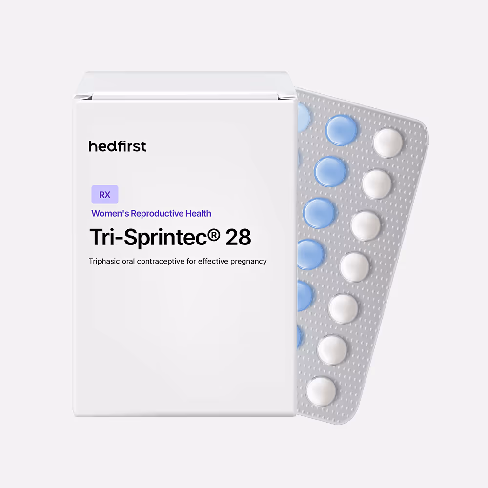 Prescription medication box labeled 'Tri-Sprintec®28' with clean, minimalist packaging design.