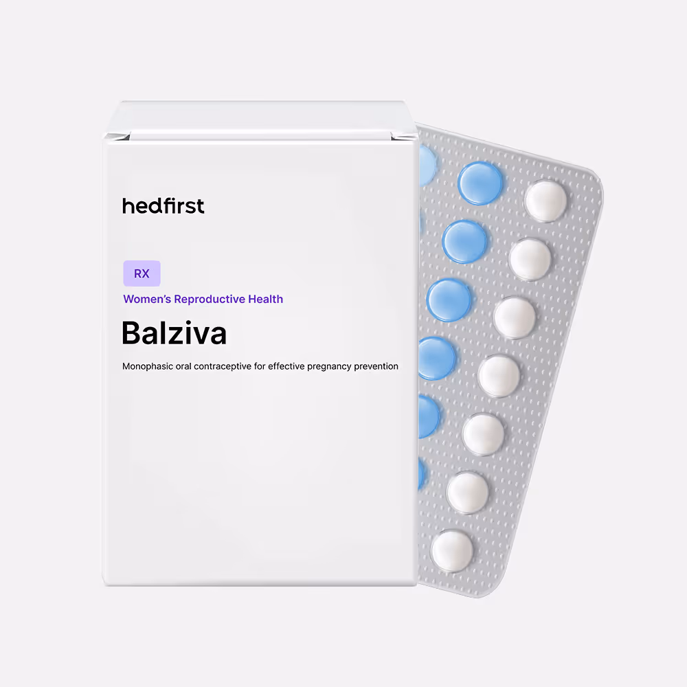 Balziva oral contraceptive pack with blue and white tablets — Hedfirst Women’s Reproductive Health.