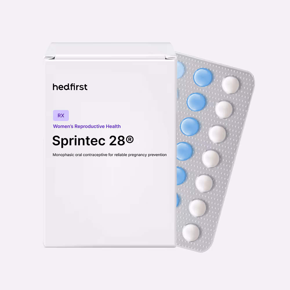 Sprintec 28 oral contraceptive pack with blue and white tablets — Hedfirst Women’s Reproductive Health.