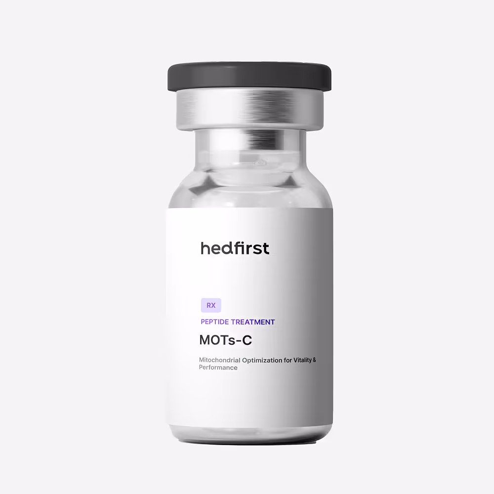 Hedfirst peptide treatment MOTs-C vial for mitochondrial optimization, vitality, and performance support.