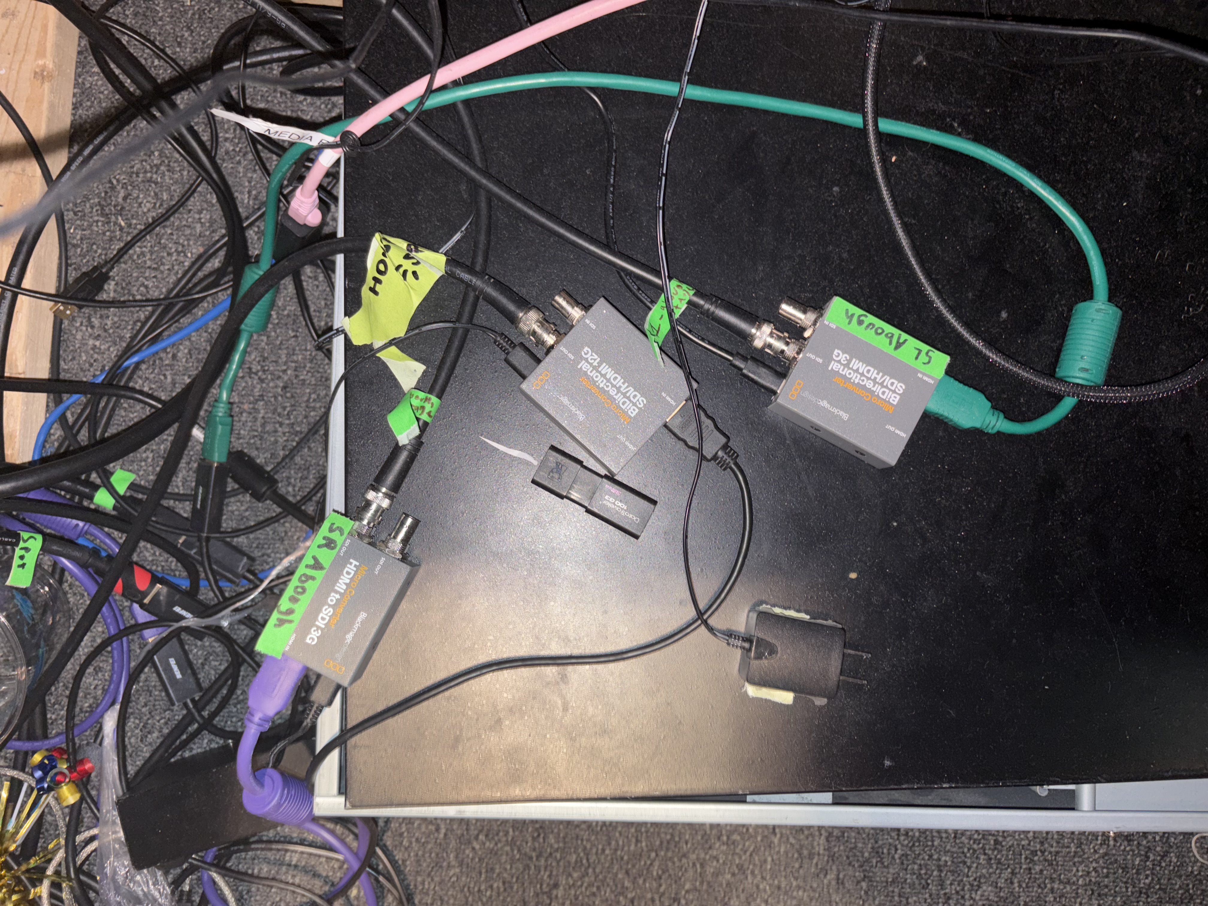 This is a part of me starting to wire all of the projectors via SDI. We had one in the booth, 2 in spot towers, and 2 on top of the stage.