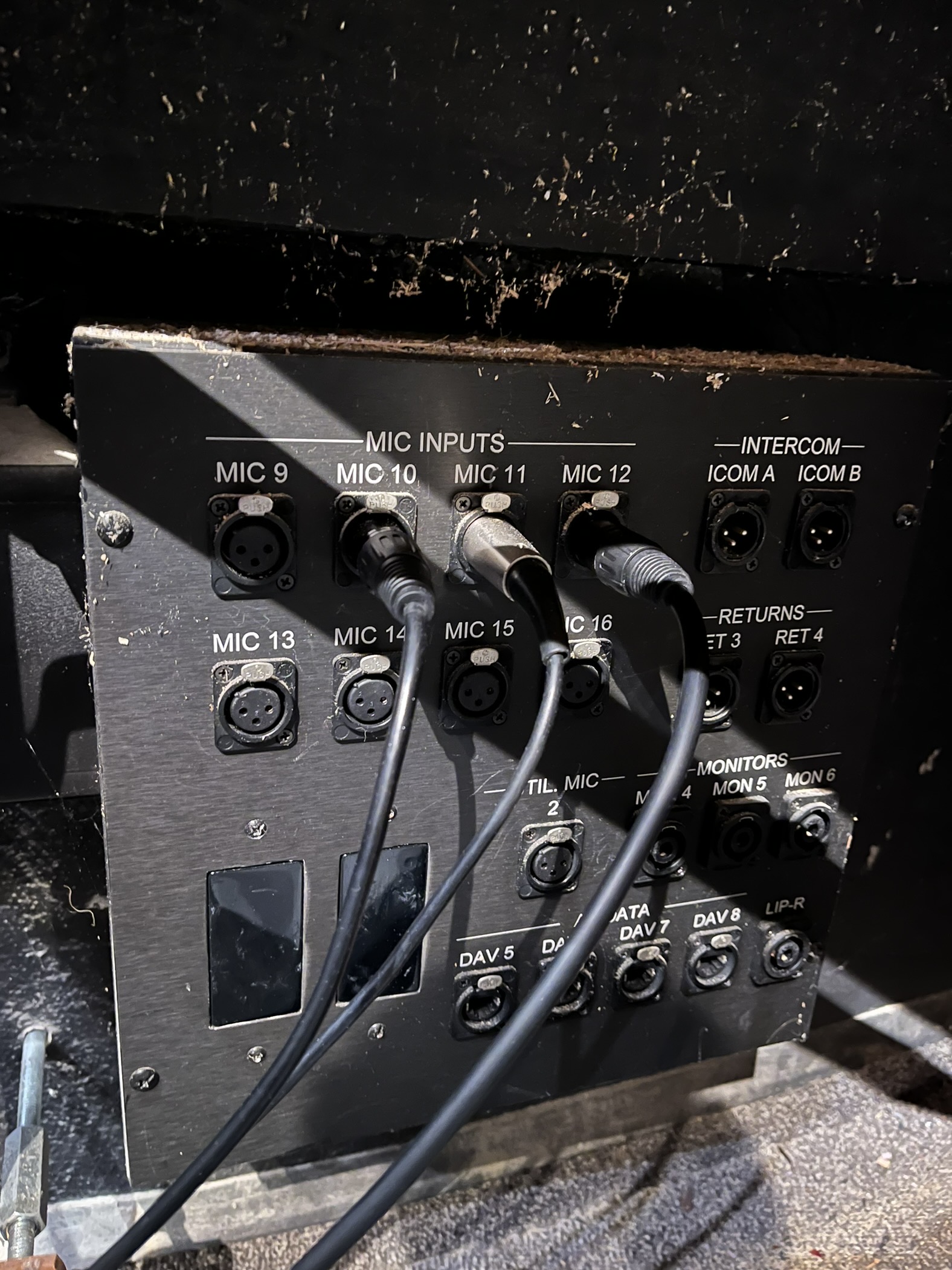 Helping sound out with setting up the pit. This is one of our many stage boxes which I used to connect all of the mics and da's.