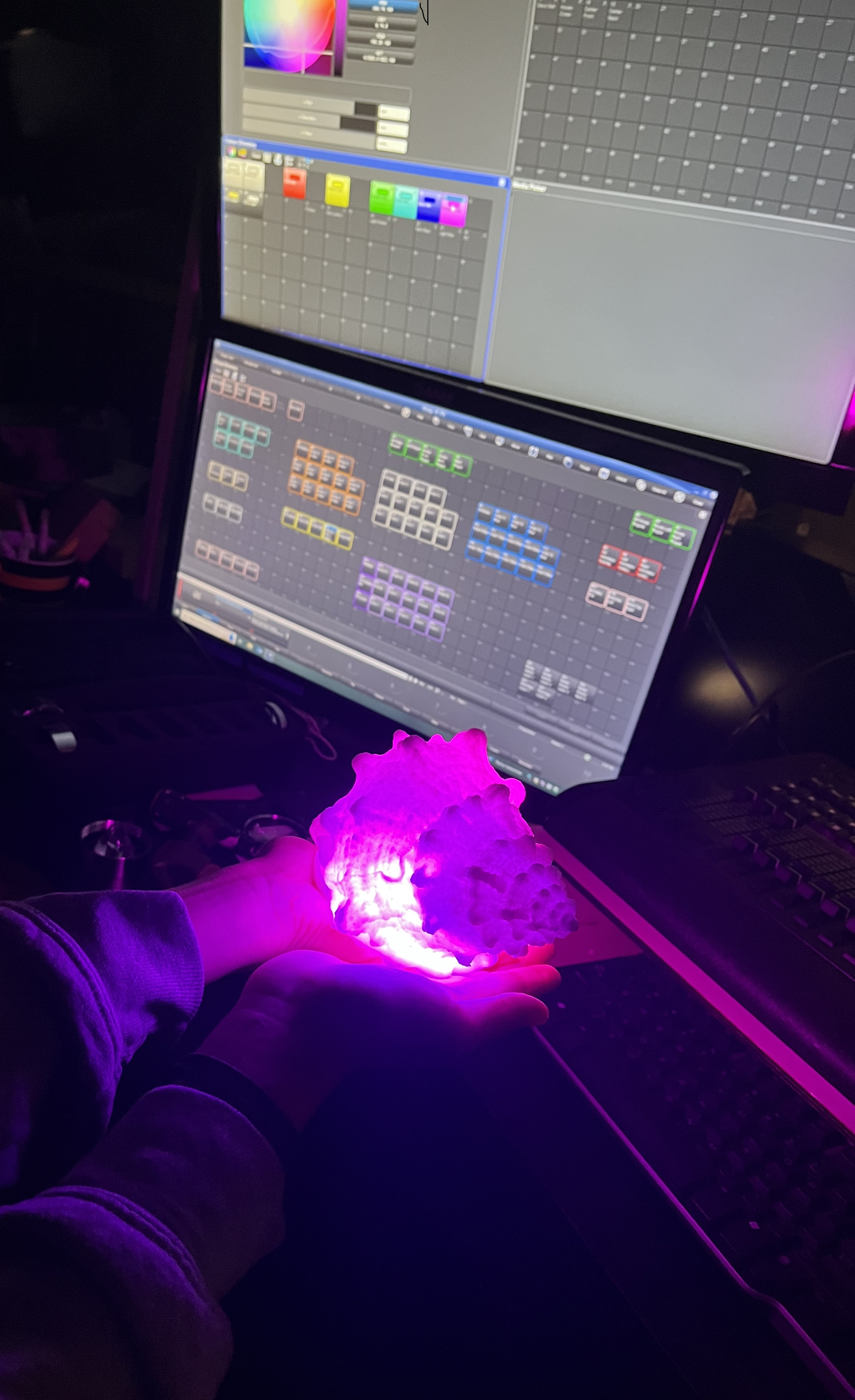 This is our shell, I also made this, we put a wireless light on the inside which was fun because we could make it change colors and pulse. The light being so close to the shell was an issue but we were able to use a trash bag as a diffuser.