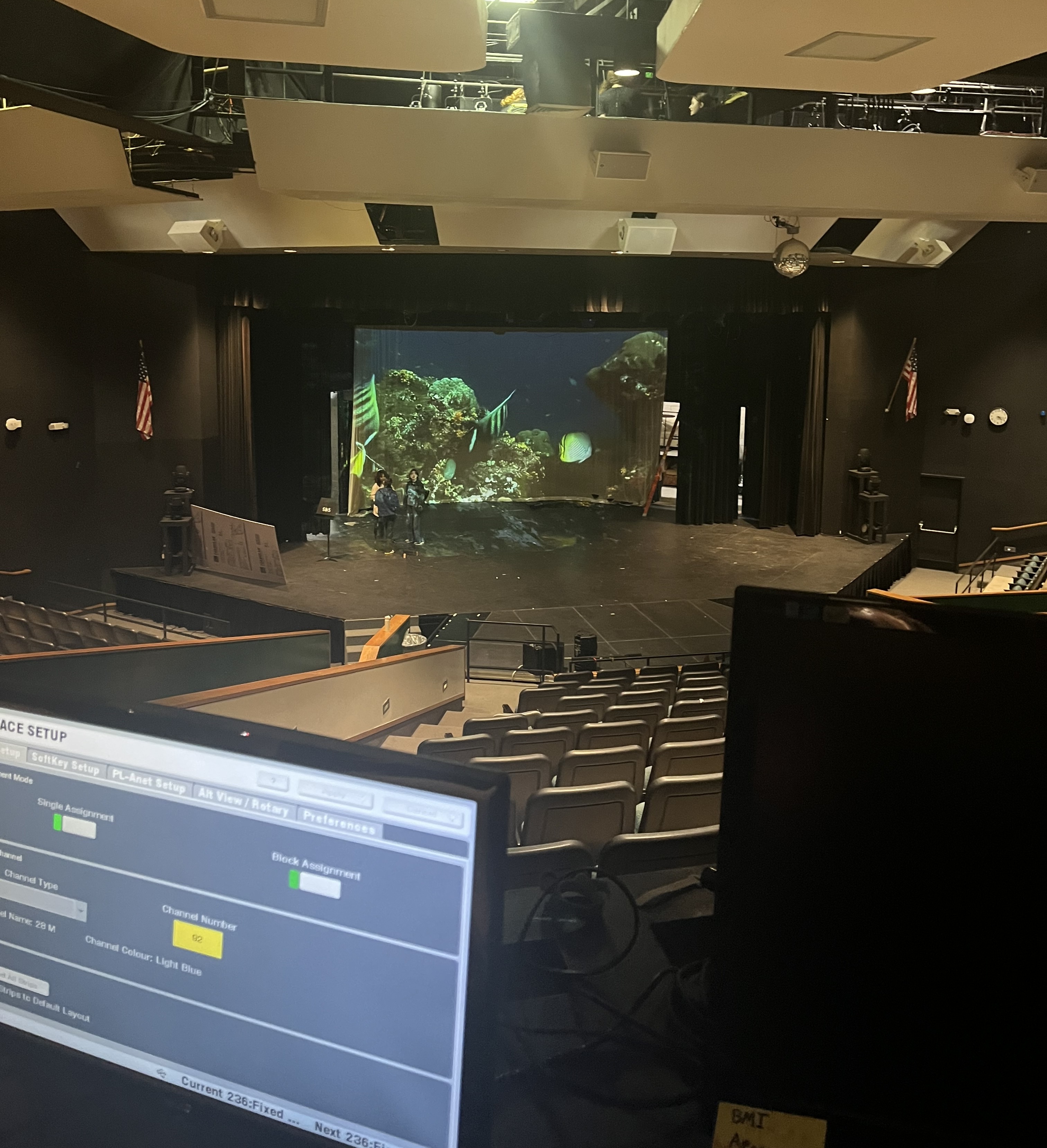 YAY! Celebrating after setting up our new projector that covers the whole cyc! This was so exciting!