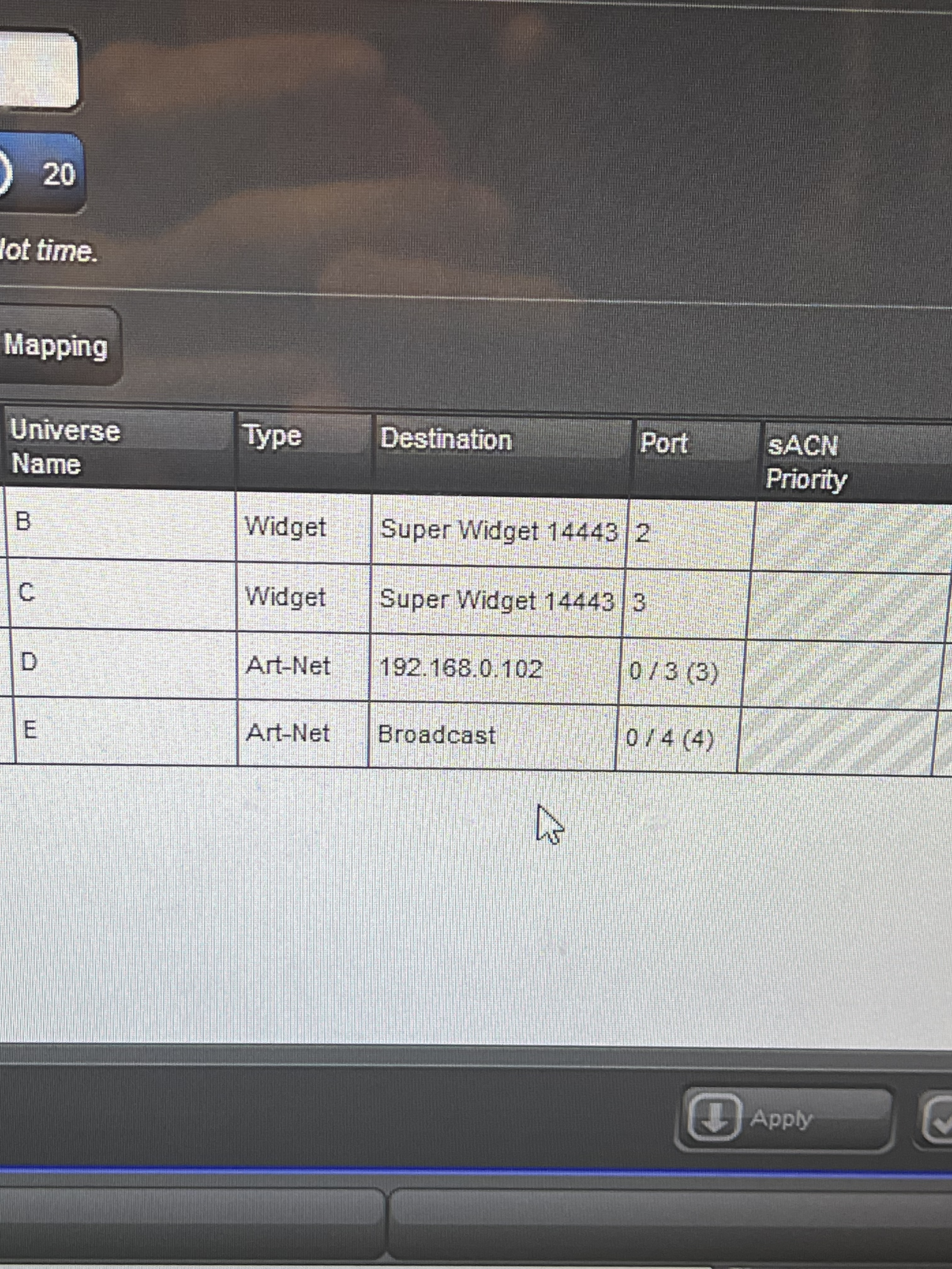 This is a preview of our universe outputs at this time. B: For desk/"traditional" channels. C: Above Stage Fixtures. D: Media Master. E: On Stage Fixtures.