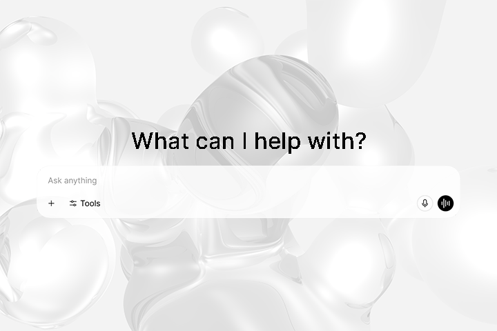 Digital assistant interface with the prompt 'What can I help with?' above a search bar labeled 'Ask anything' and tool icons.
