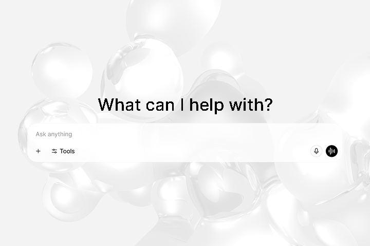 Search bar interface with prompt 'What can I help with?' and input field labeled 'Ask anything' with microphone and voice input icons on a translucent bubble background.