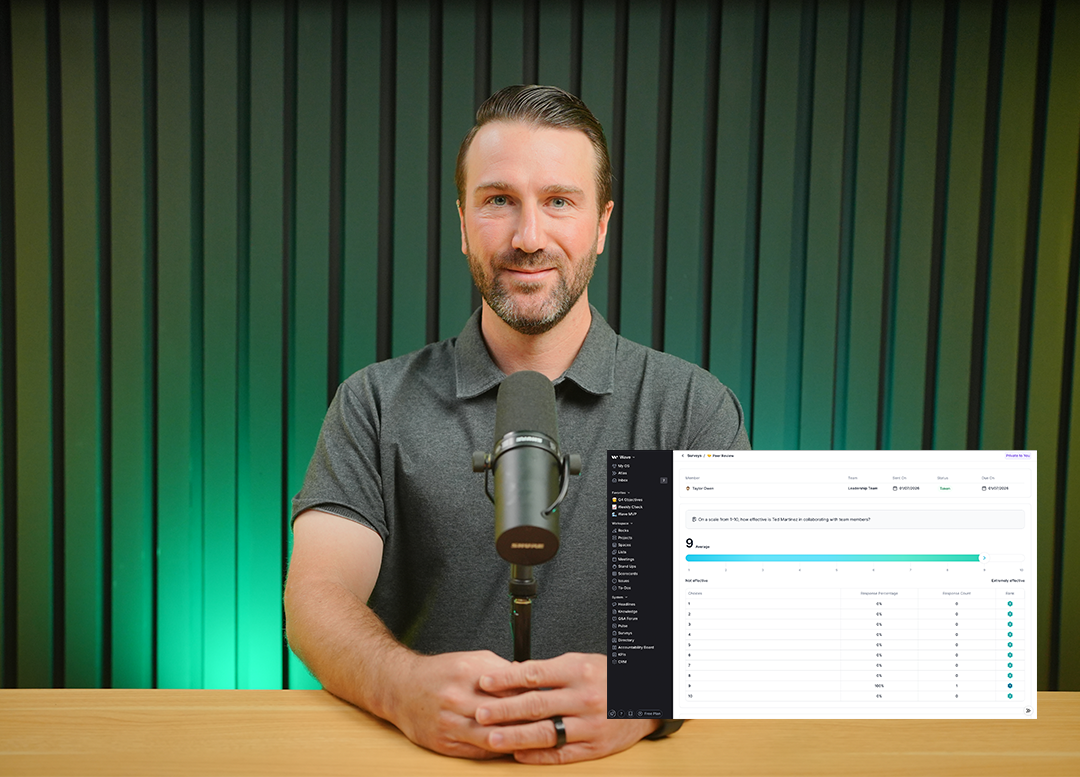 Man sitting behind a microphone at a wooden table with a green and black vertical striped background, with an overlay showing a peer review survey dashboard.