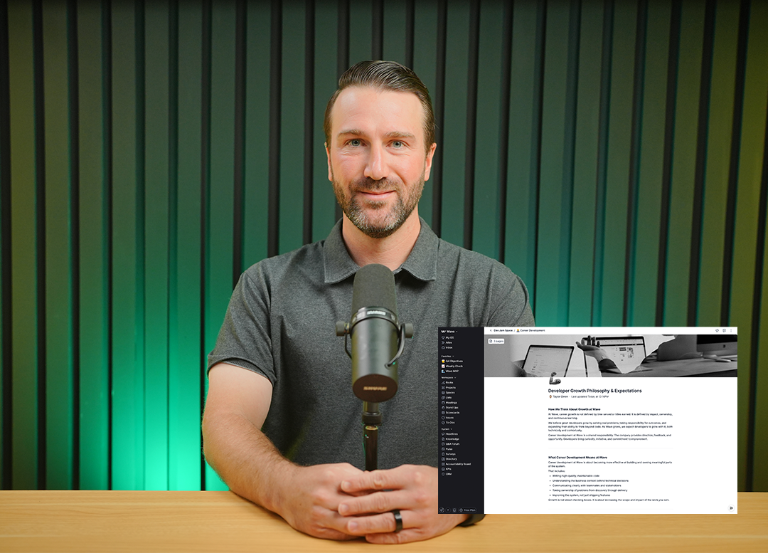 Man sitting at a table with folded hands behind a microphone, with a career development webpage overlay on the right.