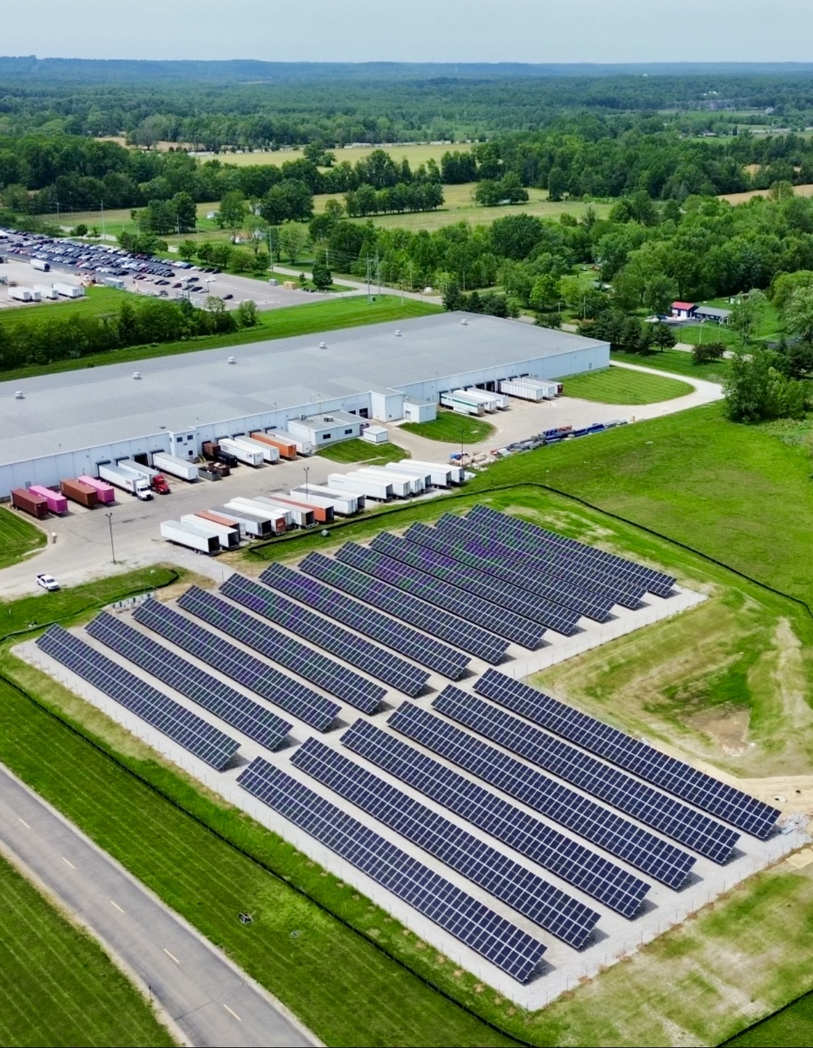 This is a large ground-mounted solar project designed and built by Emergent Solar Energy out of the Purdue Research Park for The Toyota Material Handling Plant in Columbus, Indiana. This project demostrates how on-site solar for advanced-manufacturing facilities can fix energy costs and help the company reach their carbon reduction and sustainability goals