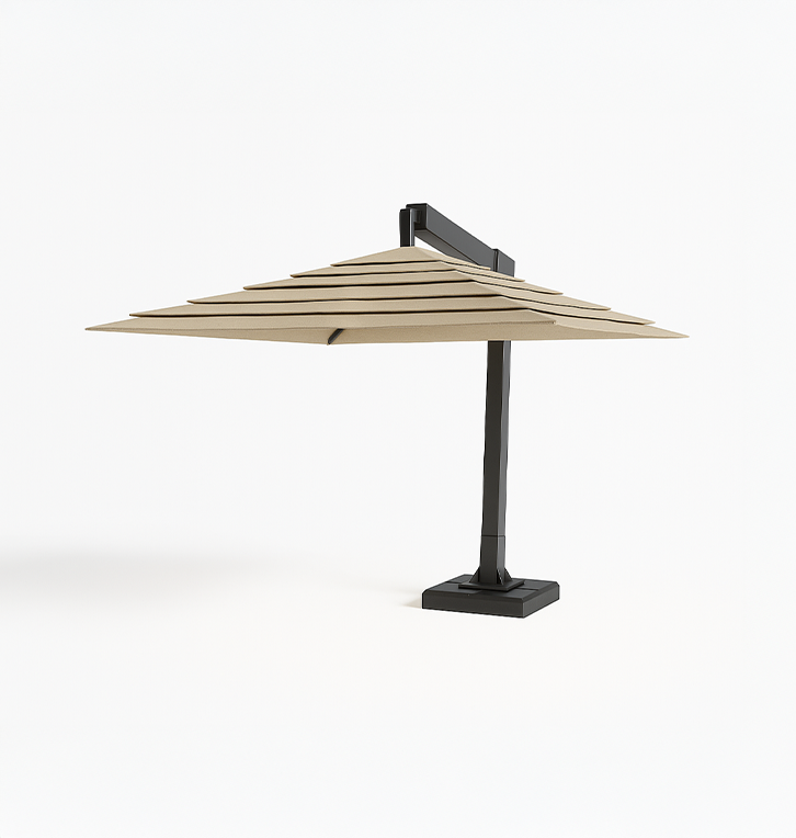 A large beige patio umbrella with a black stand is opened against a plain white background.
