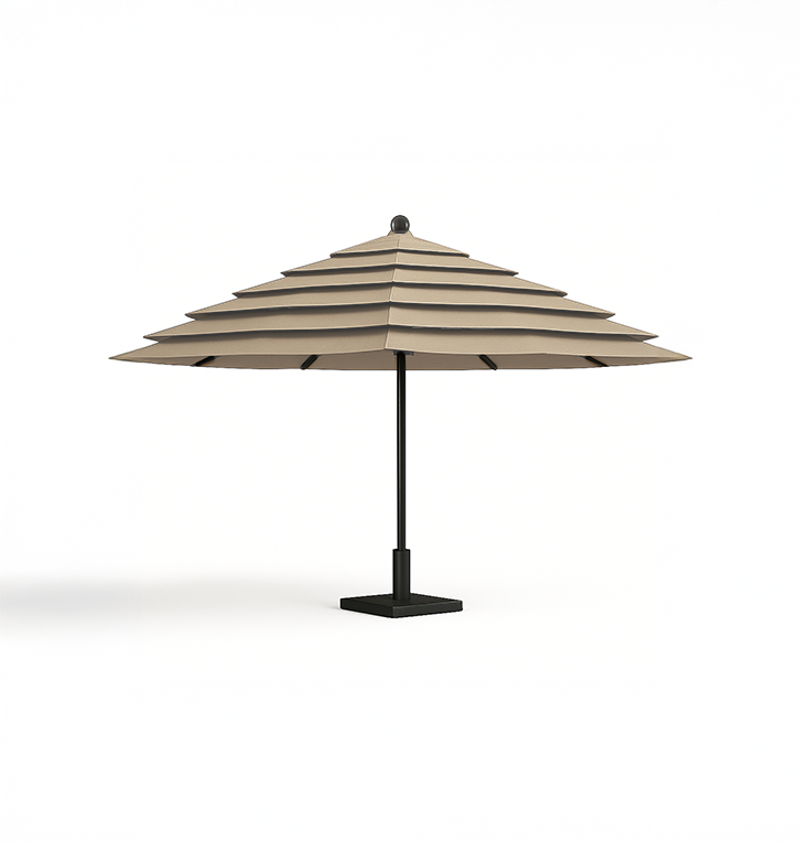 A large beige patio umbrella with a black stand, open and ready for use.