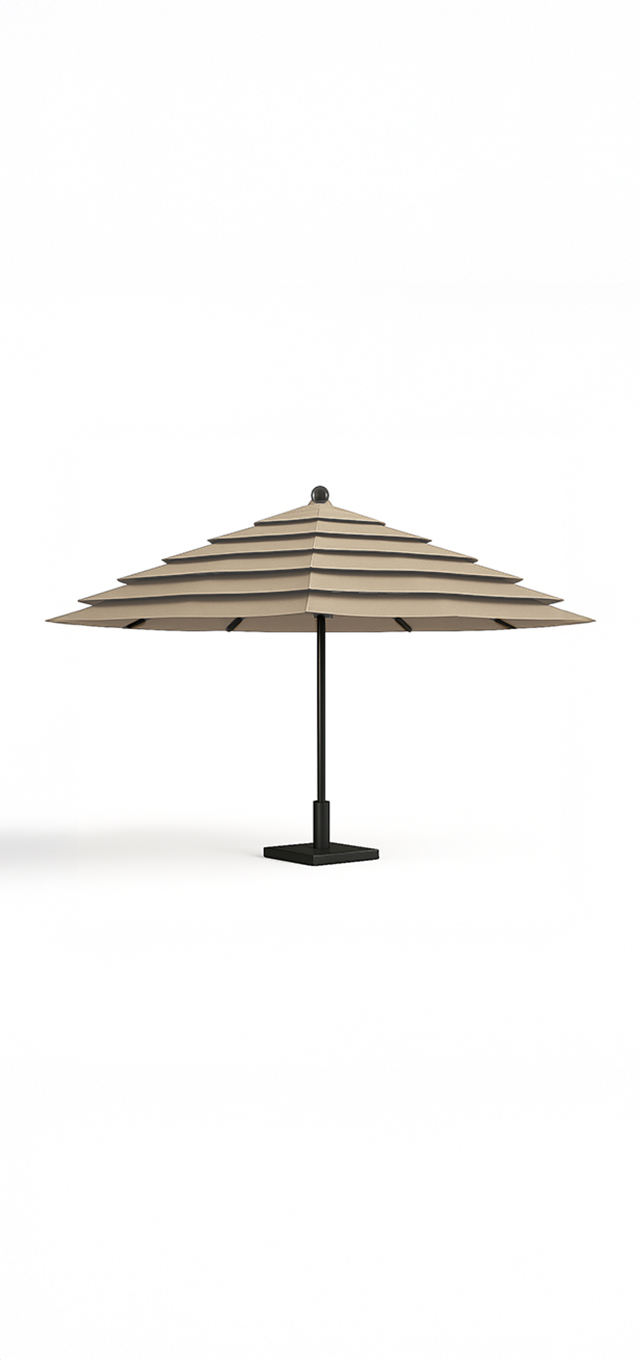 A large, layered outdoor umbrella with a central pole stands against a plain background.