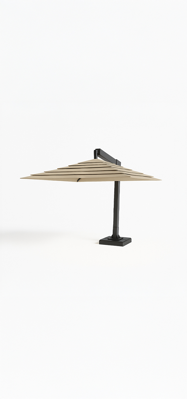 Tan outdoor umbrella with a flat canopy on a black stand against a white background.