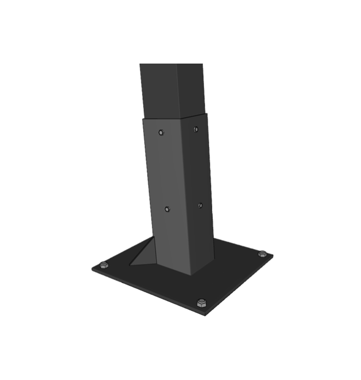 A metal post is attached to a square base with four bolts.