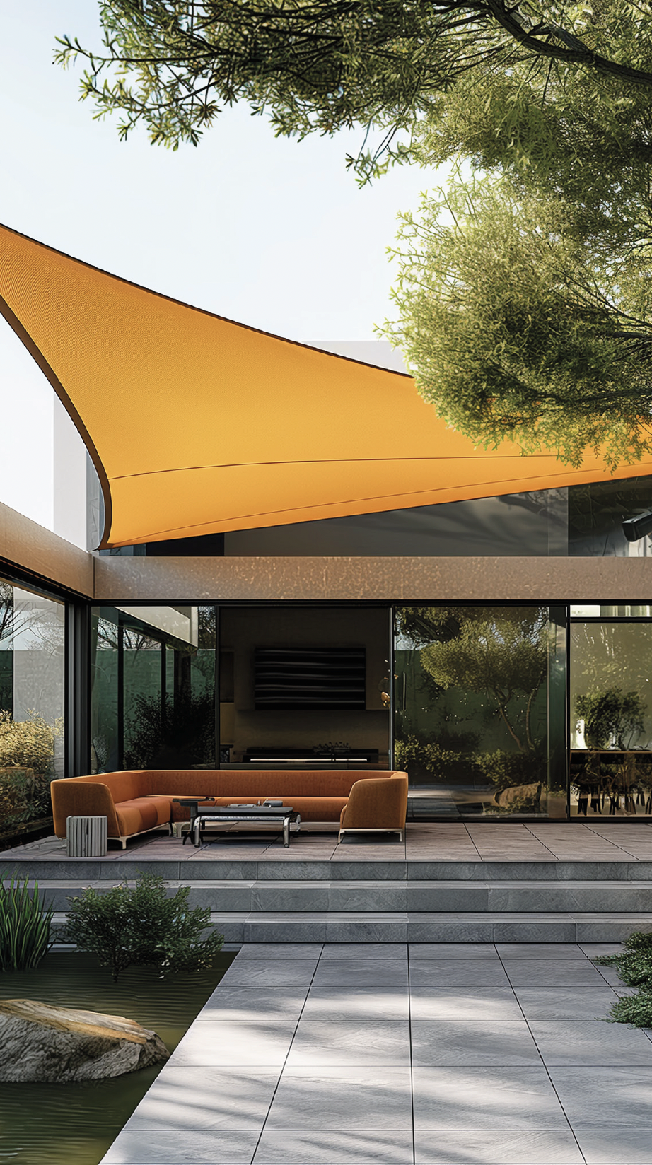 A modern patio with orange canopy, outdoor furniture, and a small pond nearby.
