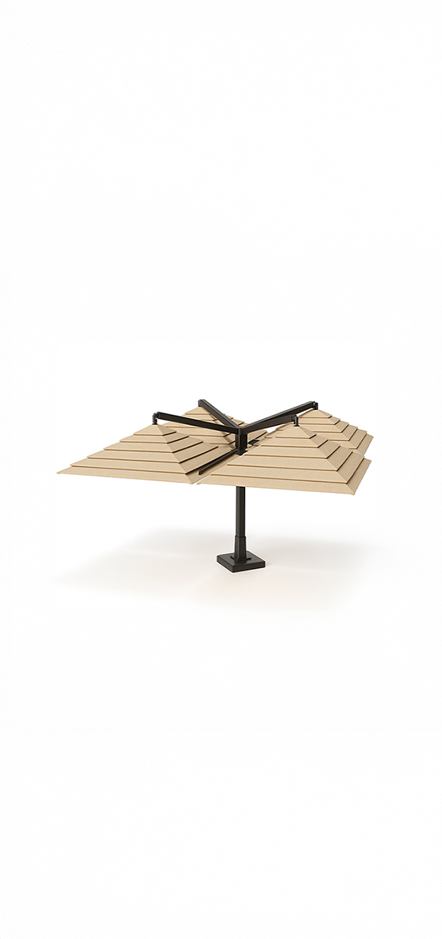 A beige Quad Canopy umbrella with a black base, featuring a layered design.