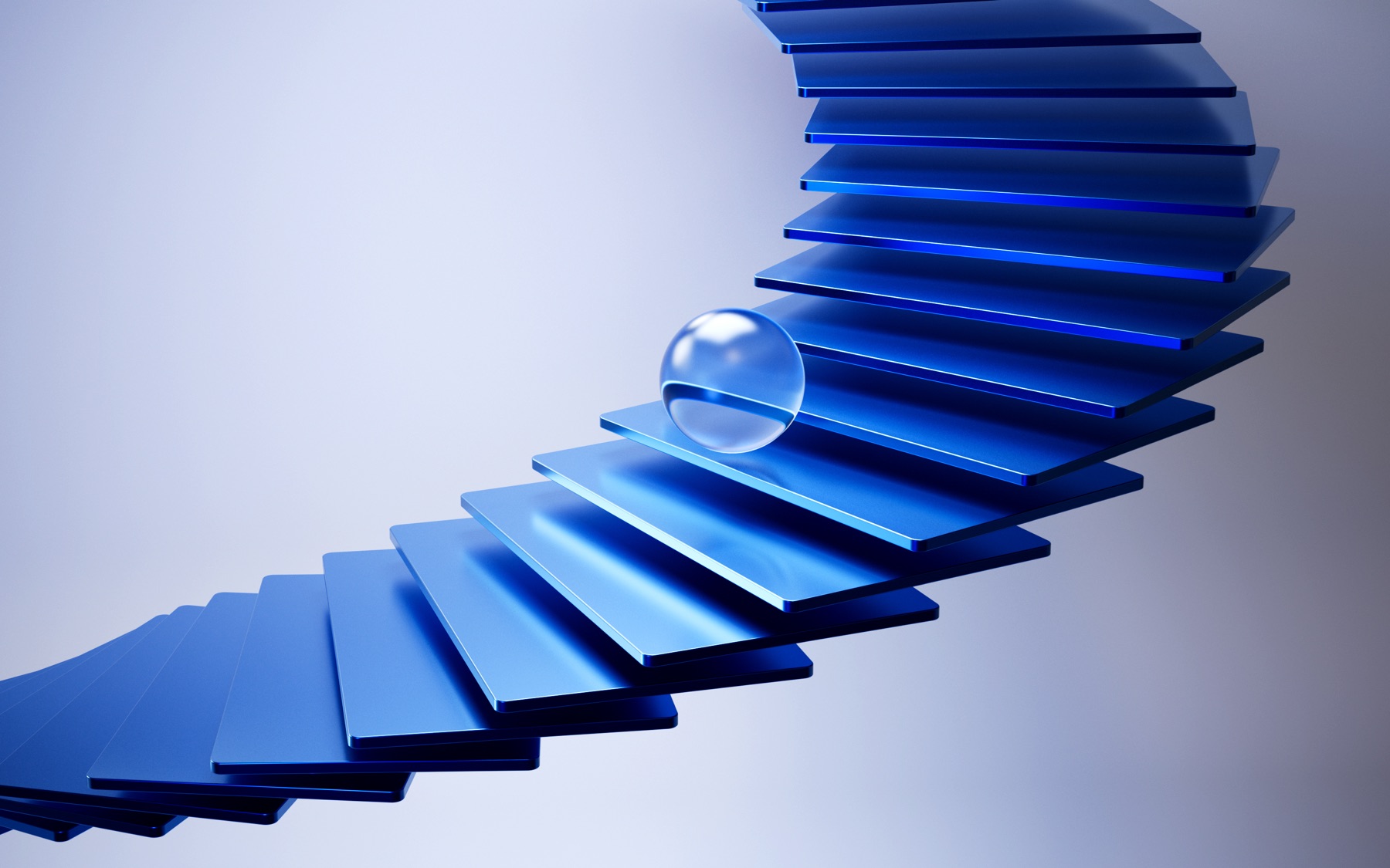 Blue spiral staircase with a glass sphere