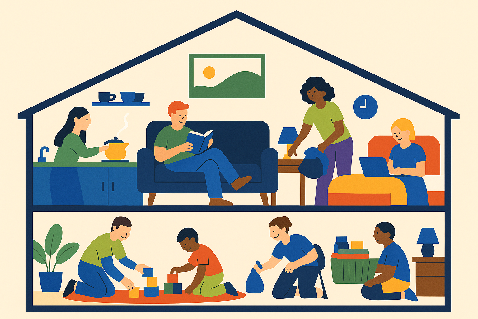 An illustration of a cross section of a house with people in daily life
