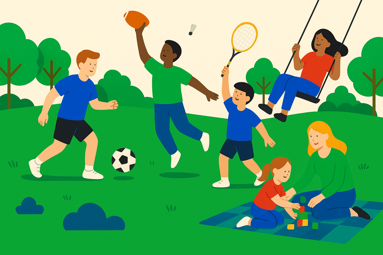 An illustration of people outside playing in a grassy field.