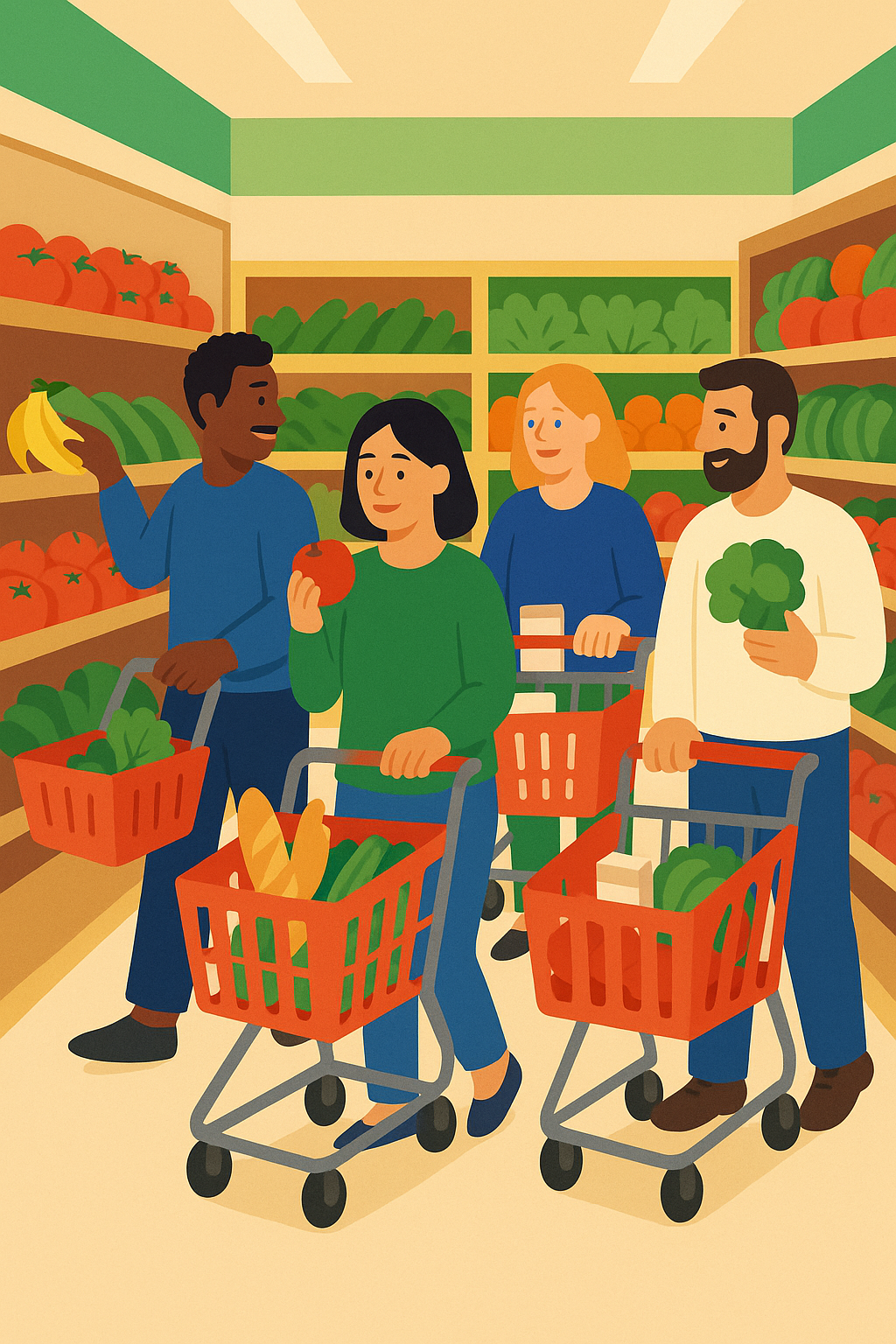 An illustration of 4 people at a store shopping