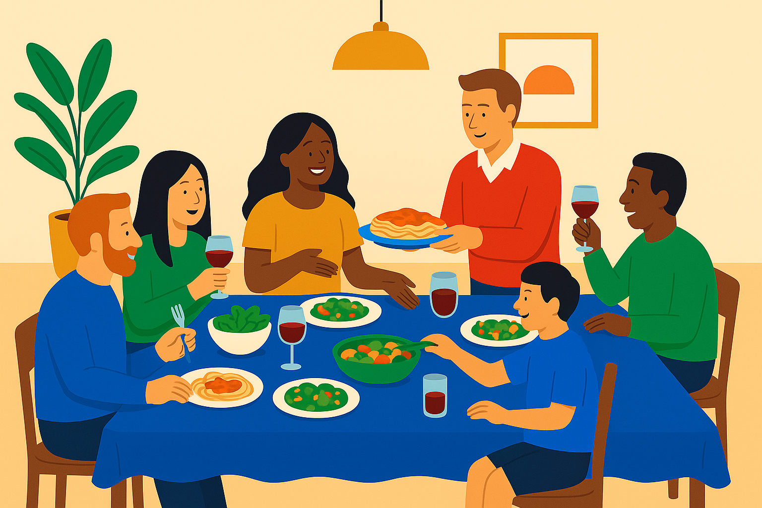 An illustration of people at a dinner party.